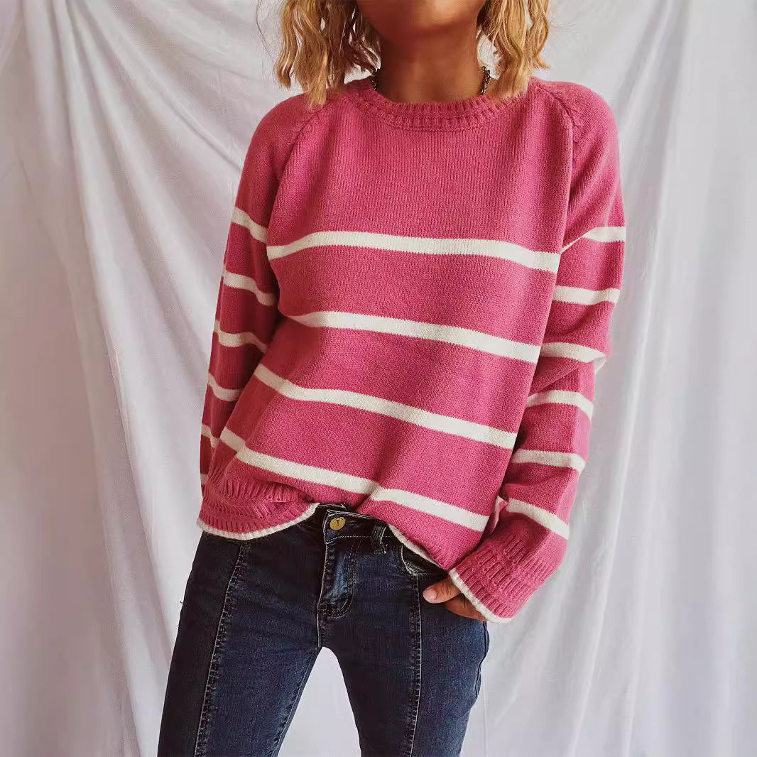 Damen lässiger Pullover mit strukturiertem Kragen und modischem Streifenmuster Drune