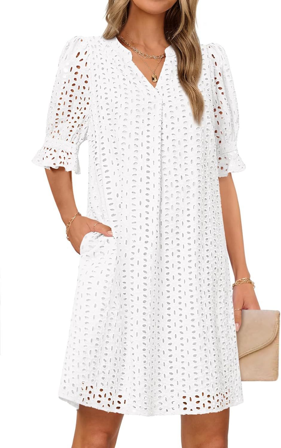 Damen luftiges Sommerkleid mit romantischem Lochmuster und praktischen Taschen Drune
