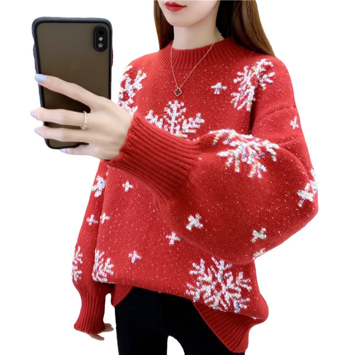 Damen Strickpullover mit Wintermotiv und Puffärmeln Drune