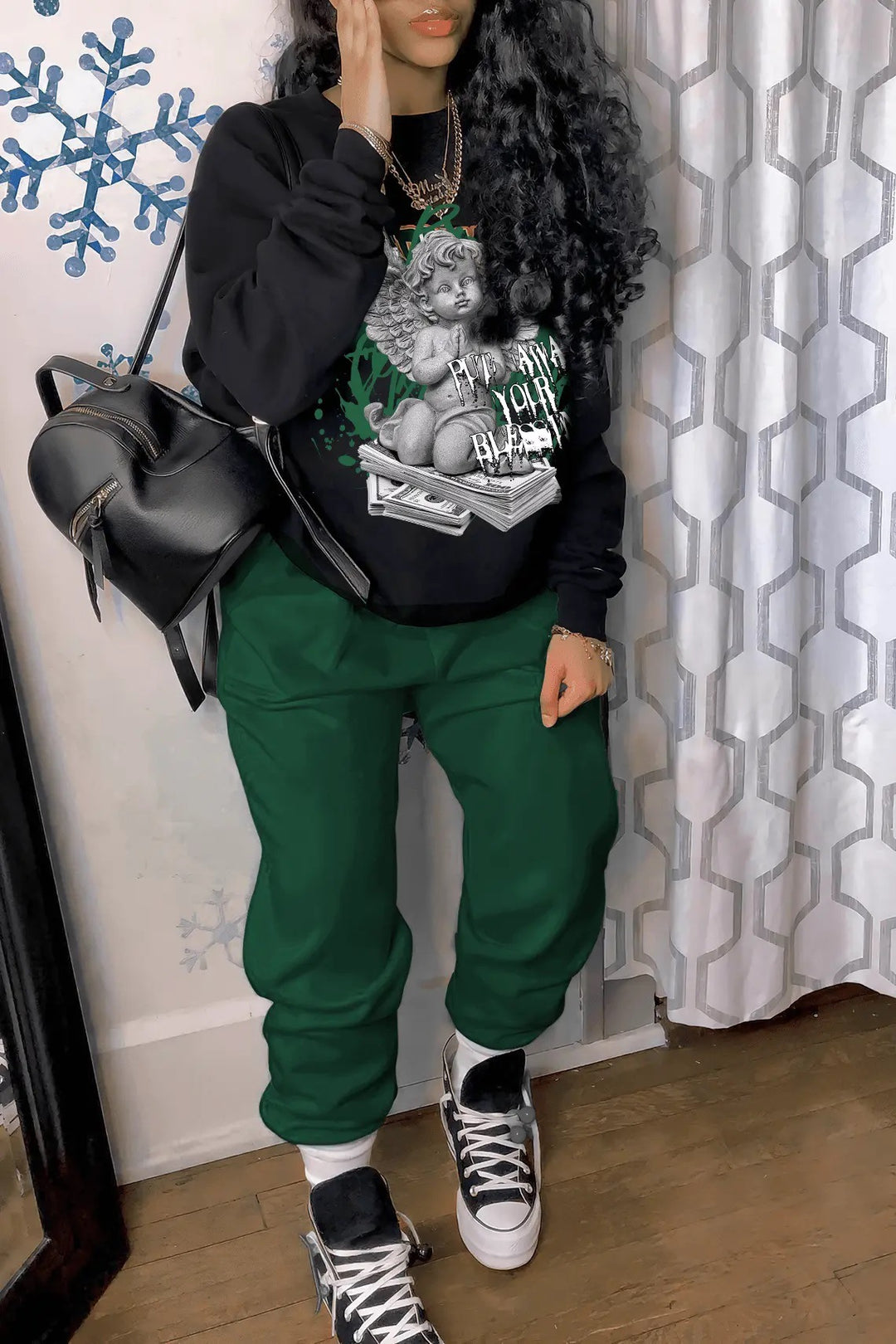 Damen Freizeit Hoodie und Jogginghose Set mit kreativem Engel-Motiv Drune