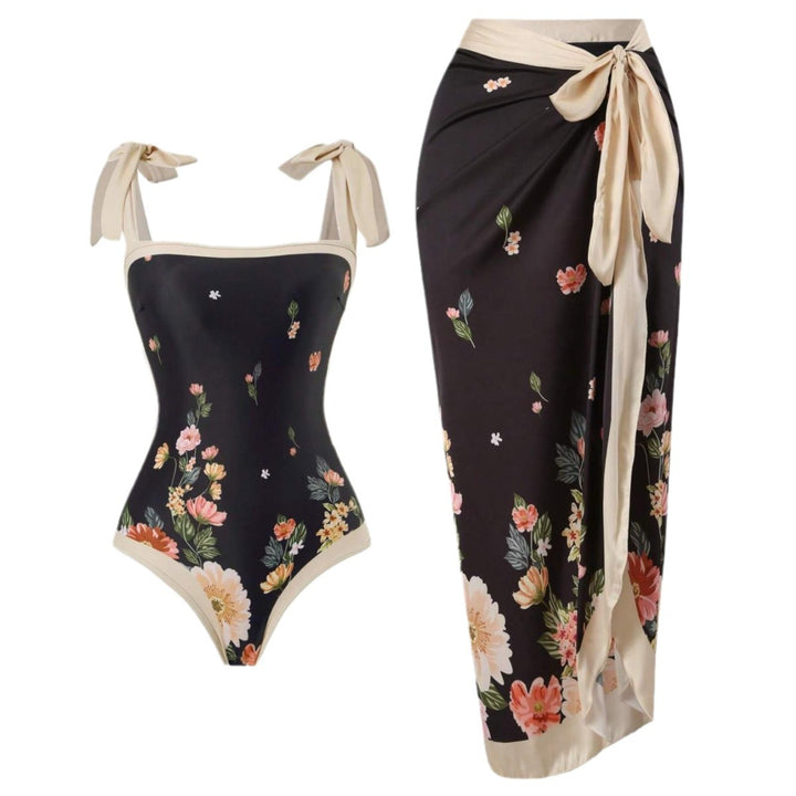 Damen Eleganter Badesuit mit floralen Akzenten und modischem Wickelrock Drune