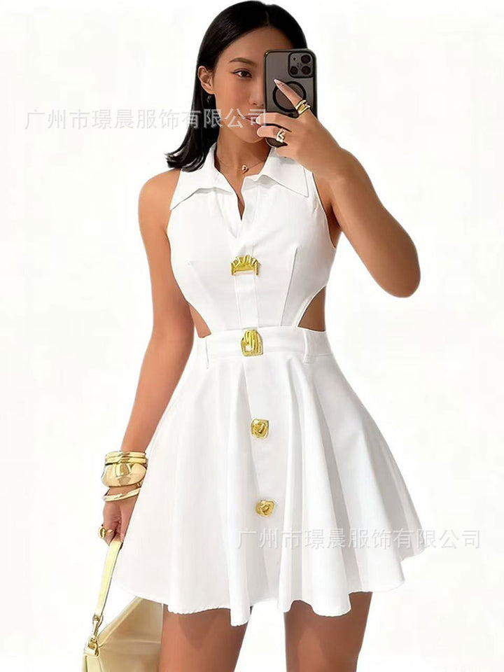 Damen modisches Hochzeitskleid mit Knopfverschluss und seitlichen Cut-Outs Drune