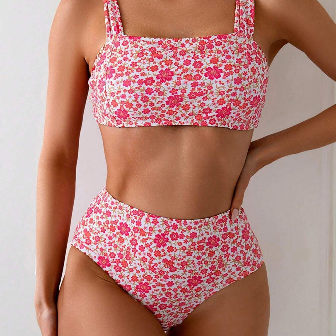 Damen Zweiteiliges Crop-Top Bikini-Set mit floralem Design und breiten Trägern Drune
