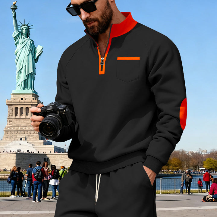 Herren nan Fleece-Quarterzip Pullover mit Brusttasche und Ellbogenpatches Drune
