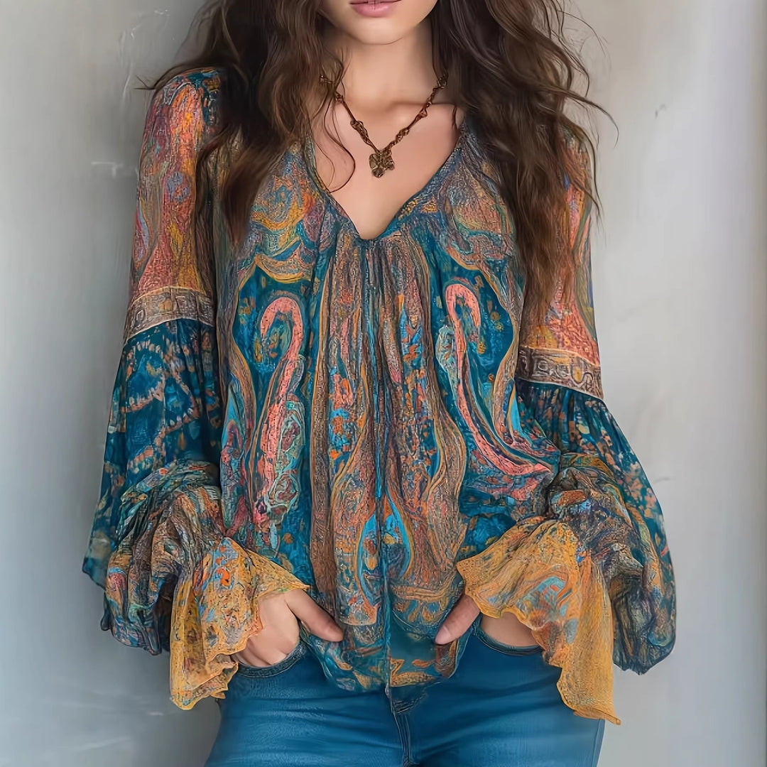 Damen Boho-Chic Bluse mit geflammten Ärmeln und V-Ausschnitt Drune