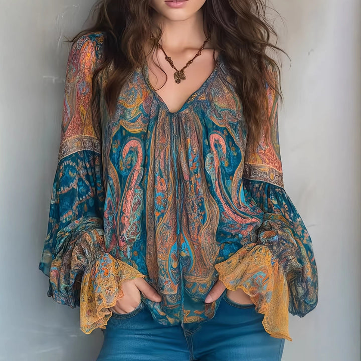 Damen Boho-Chic Bluse mit geflammten Ärmeln und V-Ausschnitt Drune