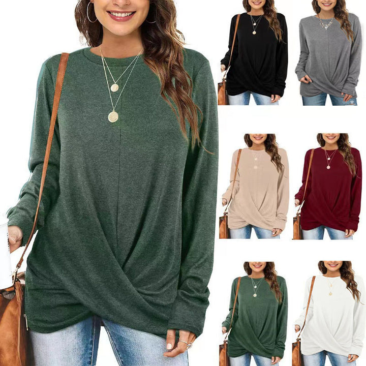 Damen lässiges Longsleeve Oberteil mit Wickeloptik und Rundhalsausschnitt Drune