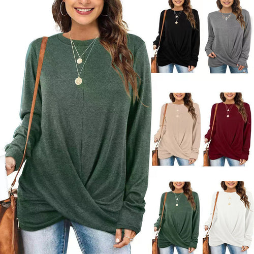Damen lässiges Longsleeve Oberteil mit Wickeloptik und Rundhalsausschnitt Drune