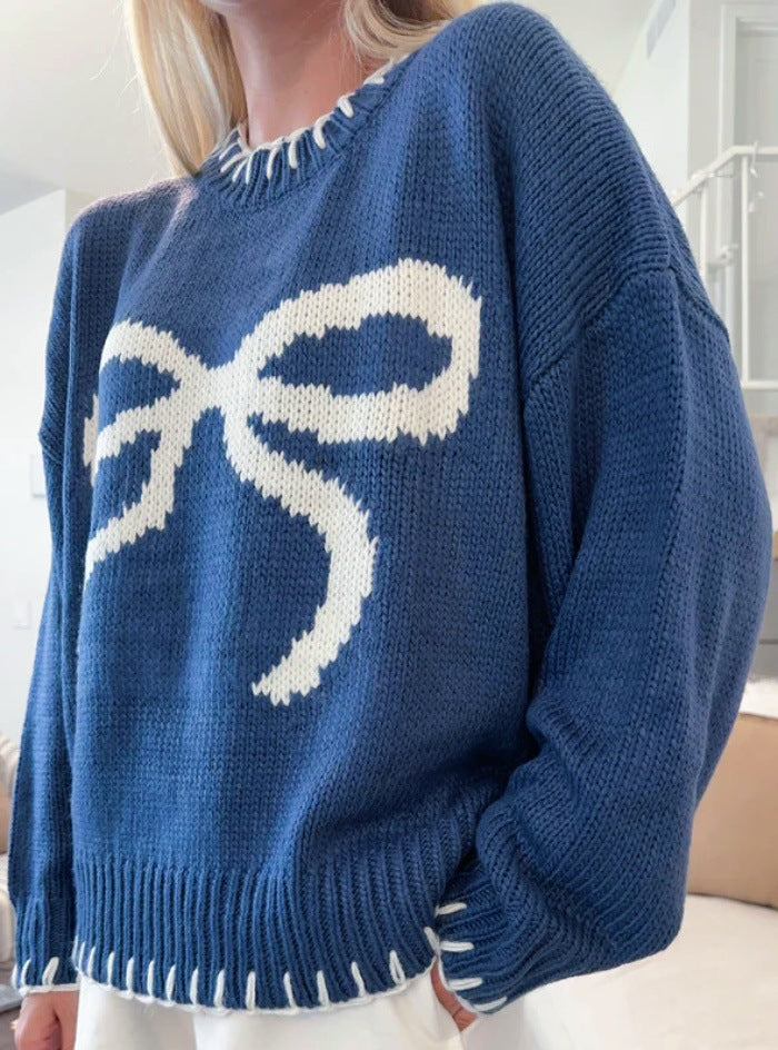 Damen lässiger Pullover mit kontrastierenden Schleifen-Detail und geripptem Saum Drune