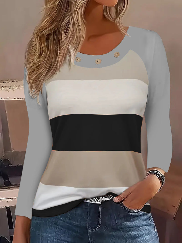 Damen Lässiges Baumwollshirt mit modischen Streifen und dekorativen Knöpfen Drune