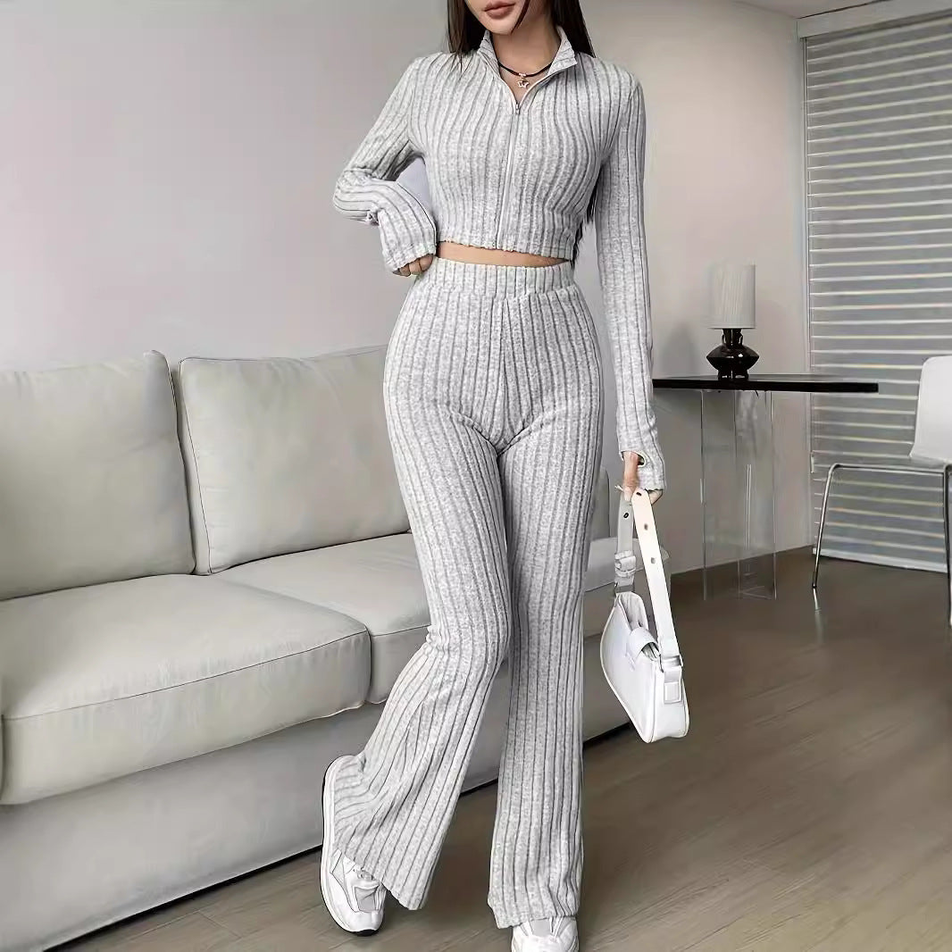 Damen modisches Strick-Loungewear-Set mit hohem Bund Drune