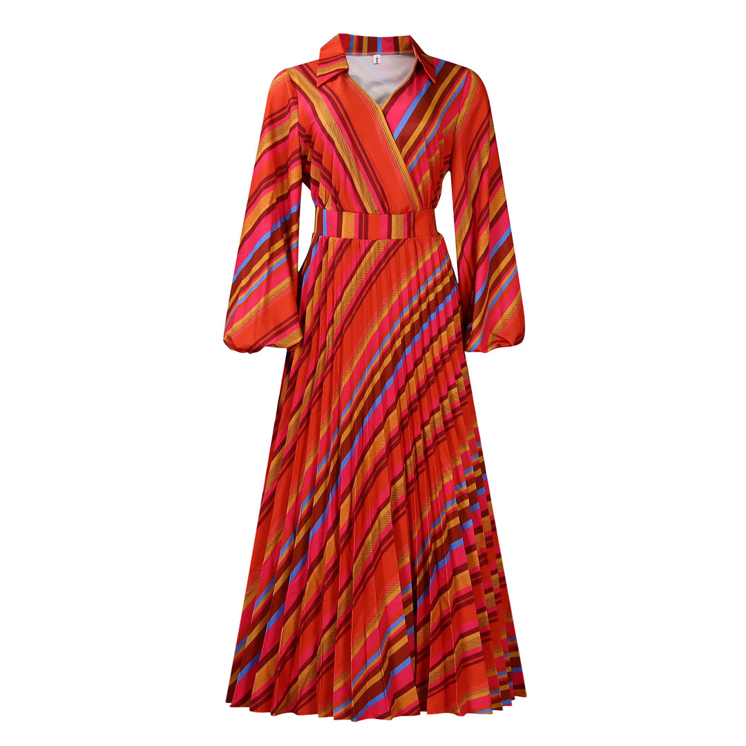 Damen Maxikleid mit elegantem Wickelkragen und farbenfrohem Streifenmuster Drune
