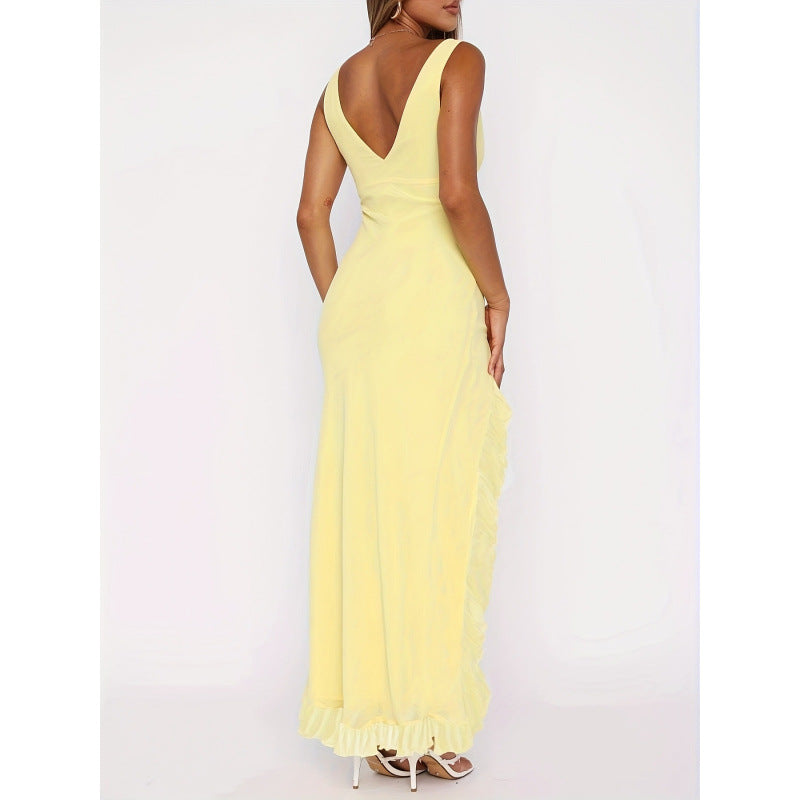Damen Maxikleid mit tiefem V-Ausschnitt und verspielten Rüschendetails Drune