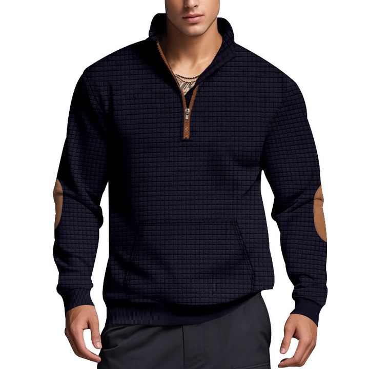 Herren nan gesteppter Halbzip Pullover mit Reißverschlusskragen und Kunstleder-Ellbogenpatches Drune