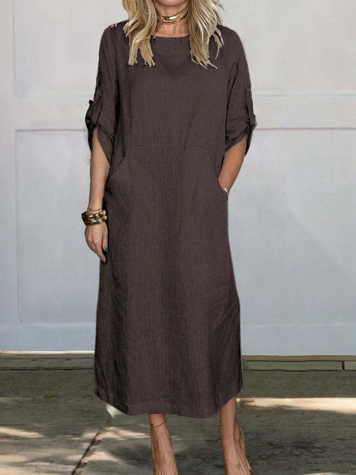Damen Lässiges Leinen-Midikleid mit Seitentaschen und umschlagbaren Ärmeln Drune