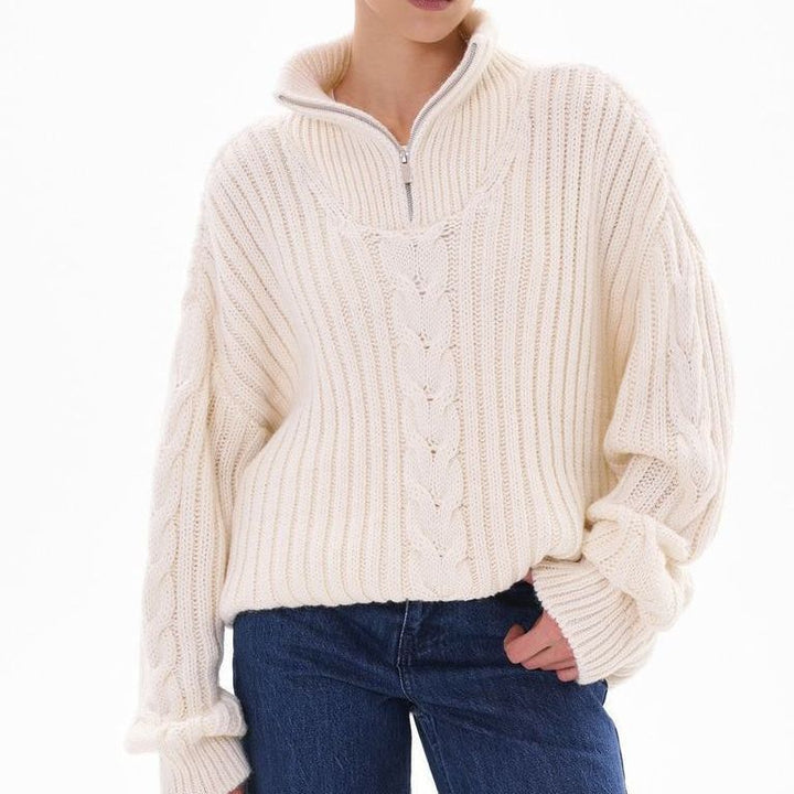 Damen Grobstrickpullover mit Zip-Kragen und Zopf-Design Drune