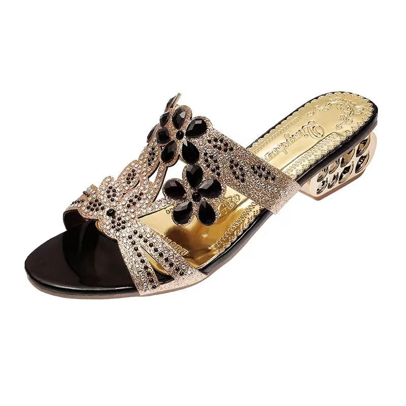 Damen nan verzierte Riemchensandalen mit mittelhohem geometrischem Blockabsatz und Kristallblumen Drune