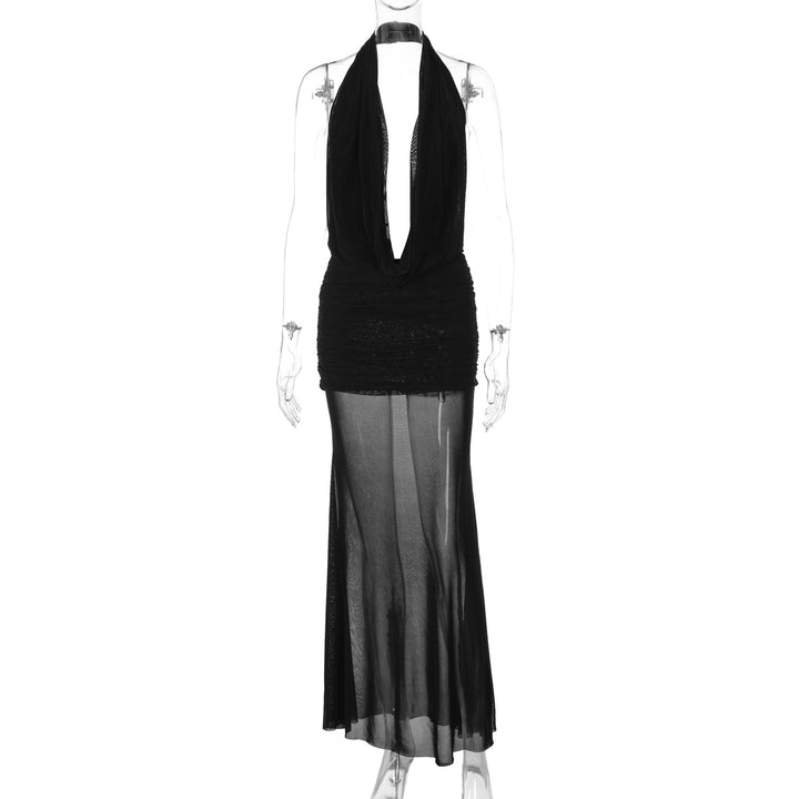 Damen Elegantes Maxikleid mit tiefem V-Ausschnitt und schimmernder Materialstruktur Drune