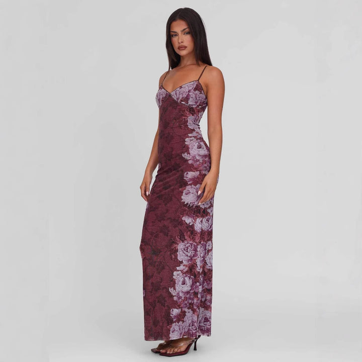 Damen nan eng anliegendes Jersey-Slipkleid mit V-Ausschnitt, Spaghettiträgern und Blumen-Leo-Print Drune