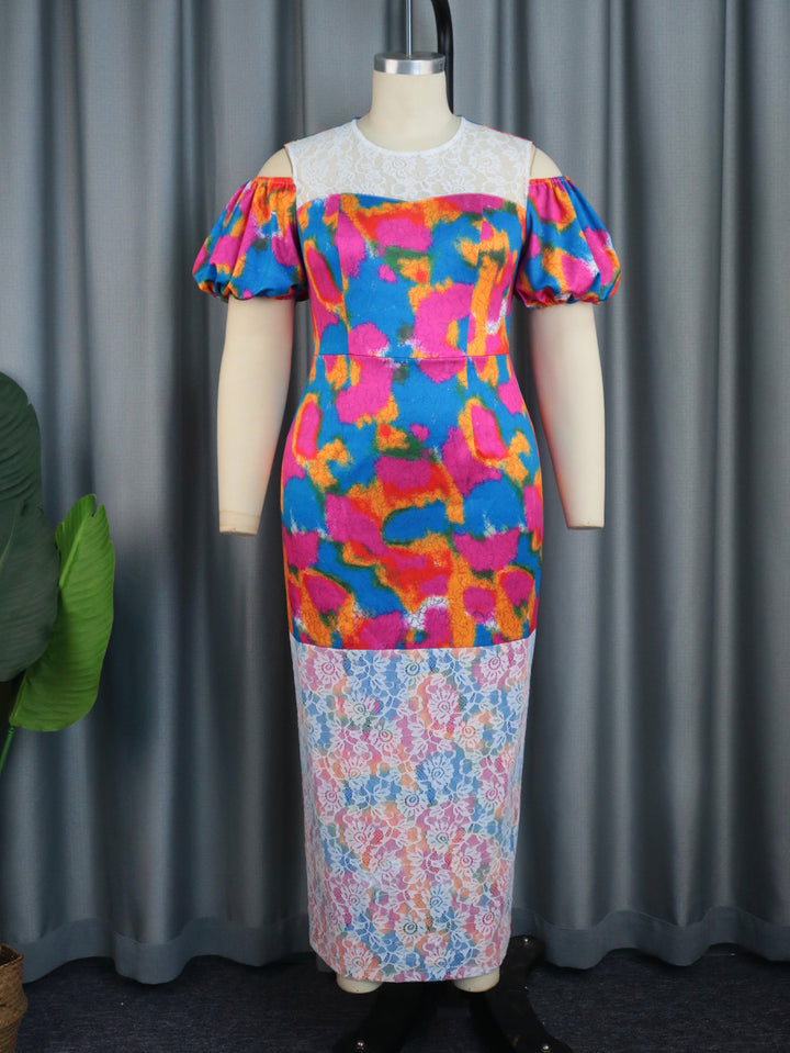 Damen Maxikleid mit voluminösen Puffärmeln und floralem Spitzenbesatz Drune