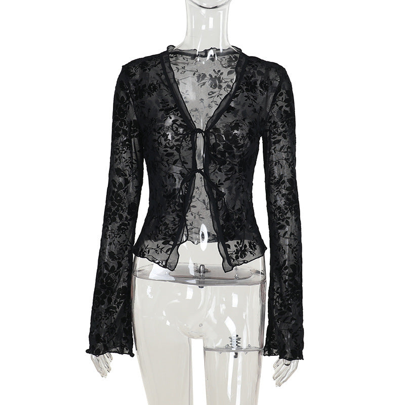 Damen Transparente Spitzenjacke mit floralen Mustern Drune