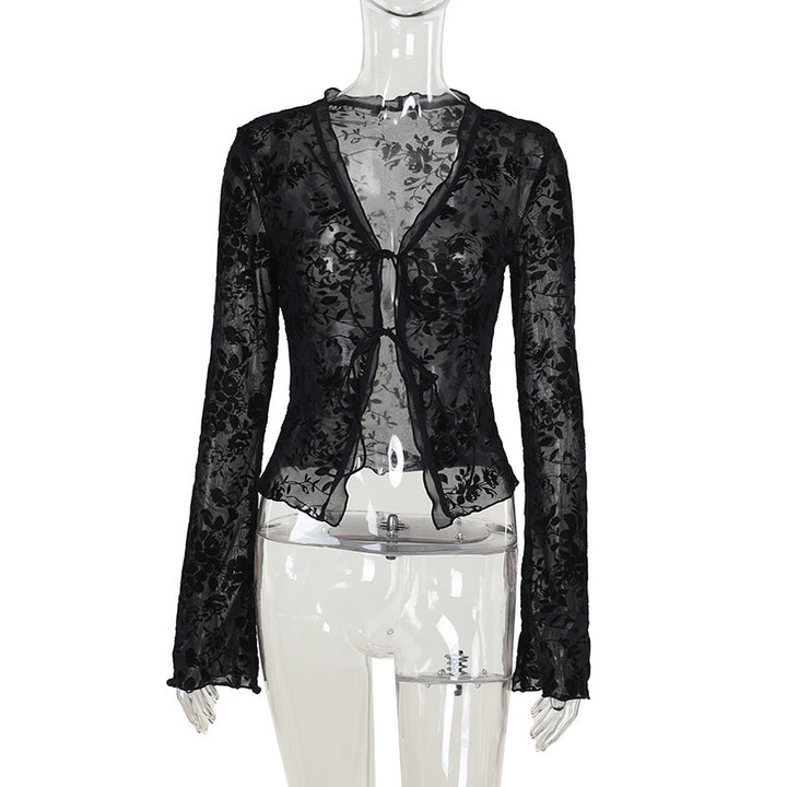 Damen Transparente Spitzenjacke mit floralen Mustern Drune