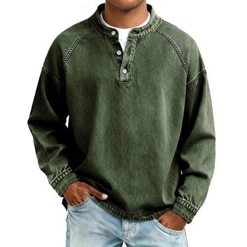 Herren nan verwaschenes Henley-Shirt mit Stehkragen, lockerer Passform und Knopfleiste Drune