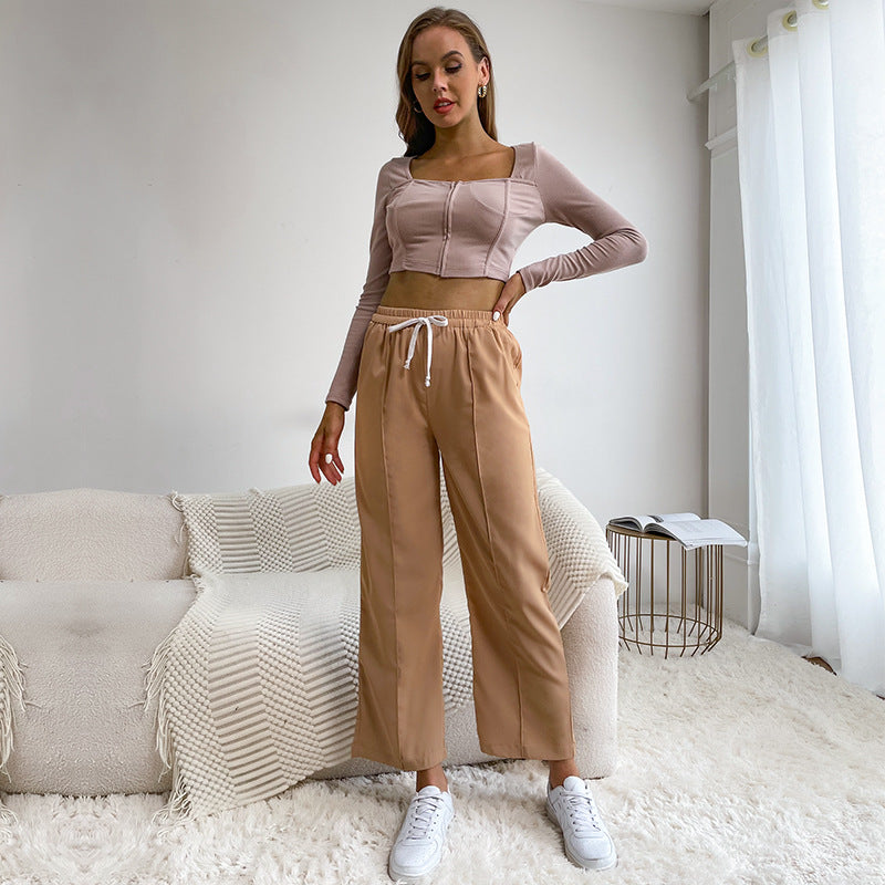Damen lässige Sporthose mit hohem Bund und elastischem Taillenzug Drune
