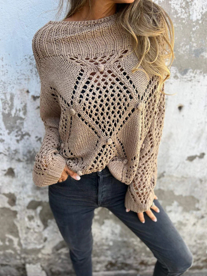Damen luftiger Strickpullover mit einzigartigem Häkelmuster Drune