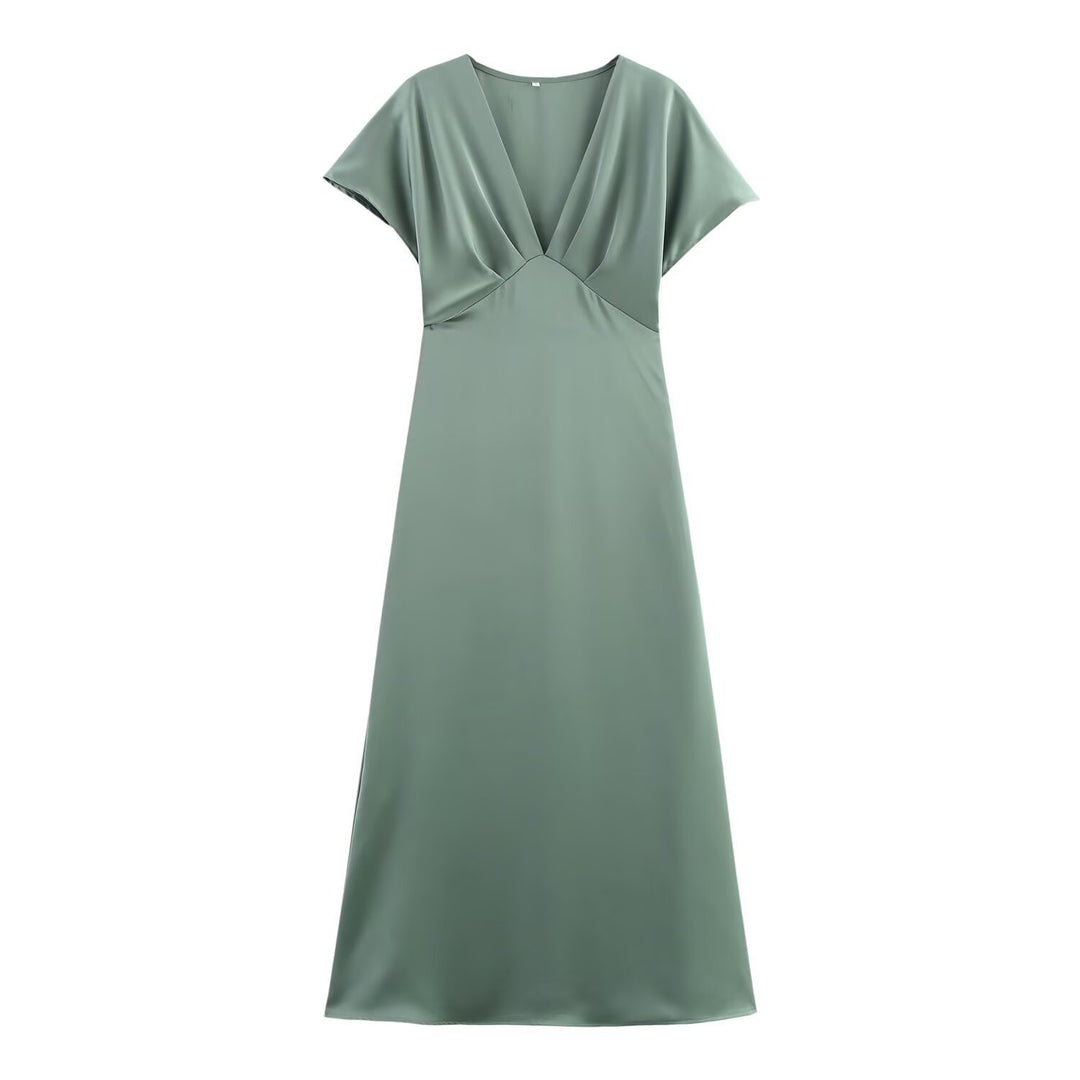 Damen Maxikleid mit elegantem V-Ausschnitt und fließendem Satin-Material Drune
