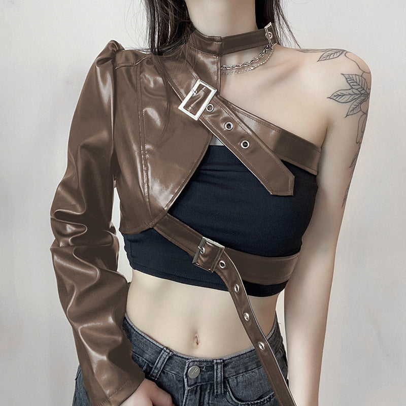 Damenmode-Oberteil aus Kunstleder mit asymmetrischem Design Drune