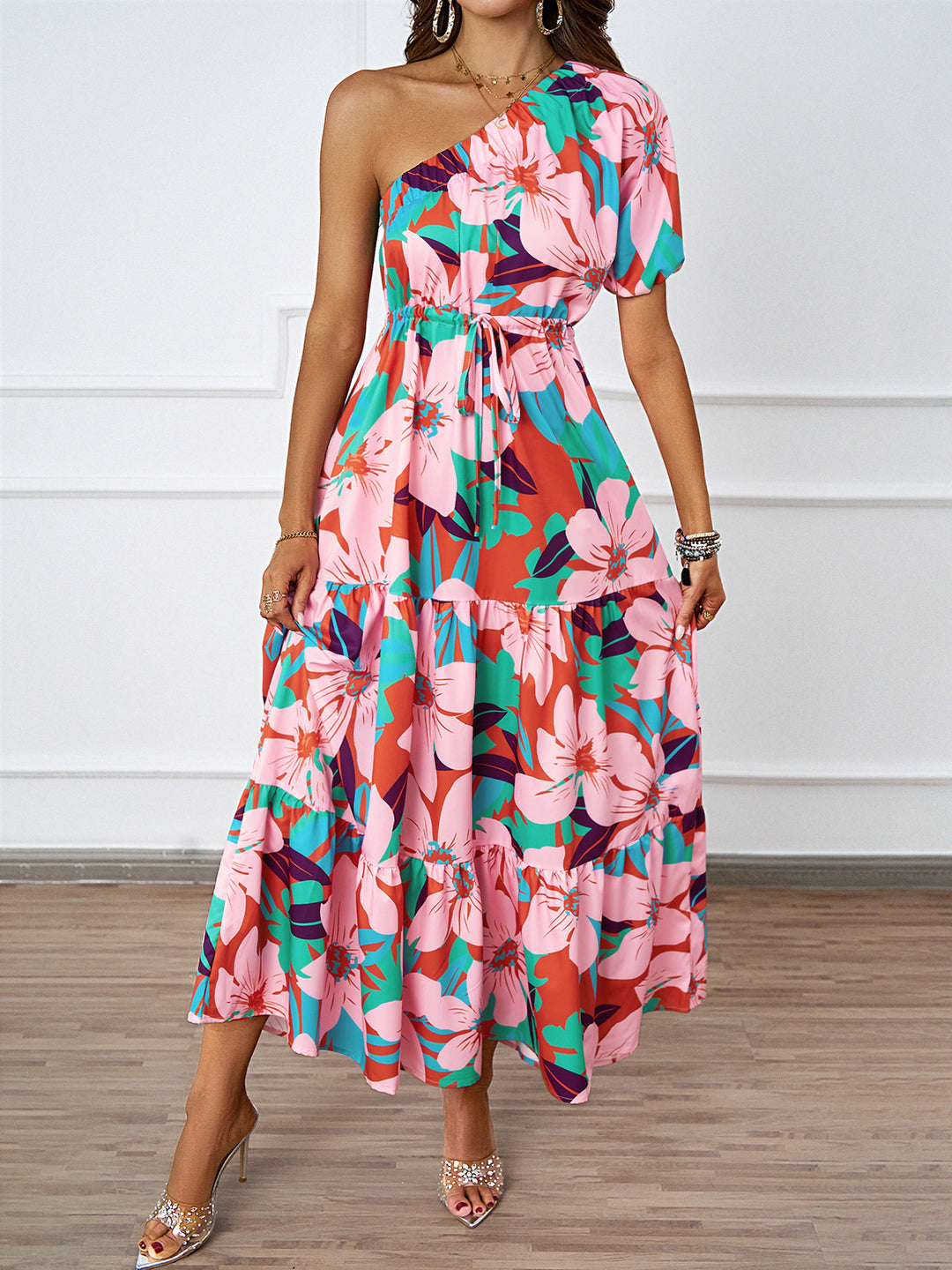 Damen Maxikleid im asymmetrischen Design mit floralem Muster und Wickelgürtel Drune