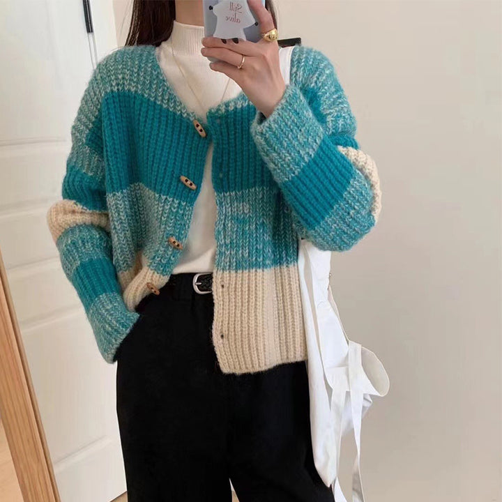 Damen Strickjacke mit elastischem Rippdesign und Holzknöpfen Drune