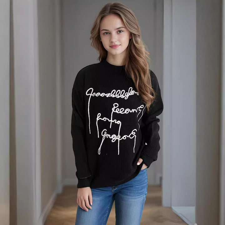 Damen gemütlicher Oversized-Pullover mit kunstvollem Schriftzug Drune