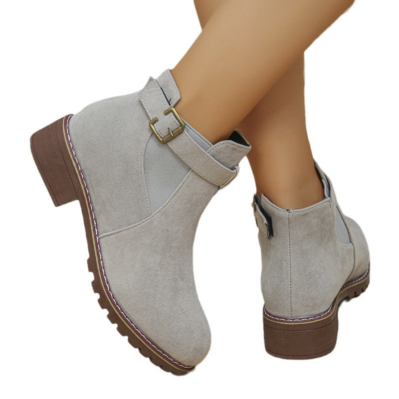 Damen kurze Ankle-Boots im Vintage-Velours-Look mit Schnallenriemen und profilierter Gummisohle Drune