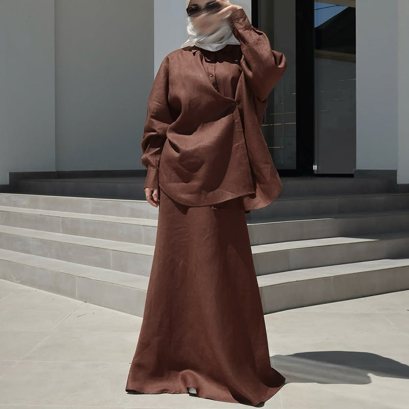 Damen Elegantes Leinen-Dress mit luftiger Bluse und Maxirock Drune
