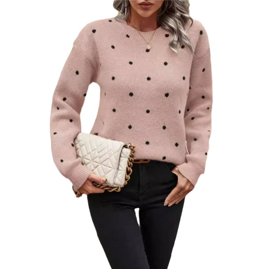 Damen lässiger Strickpullover mit modernem Pünktchenmuster und Rundhalsausschnitt Drune