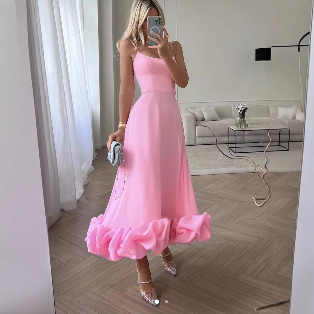 Damen Midi-Kleid mit zarten Spaghetti-Trägern und voluminösem Rüschensaum Drune