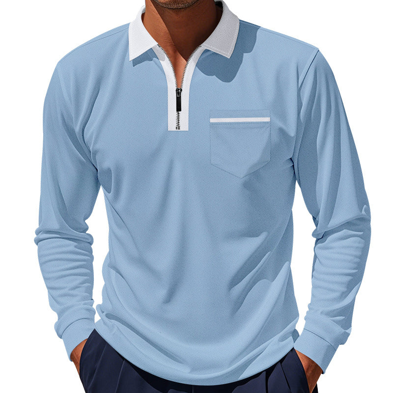 Herren nan langärmeliges Zip-Poloshirt mit Brusttasche und Kontrastkragen Drune