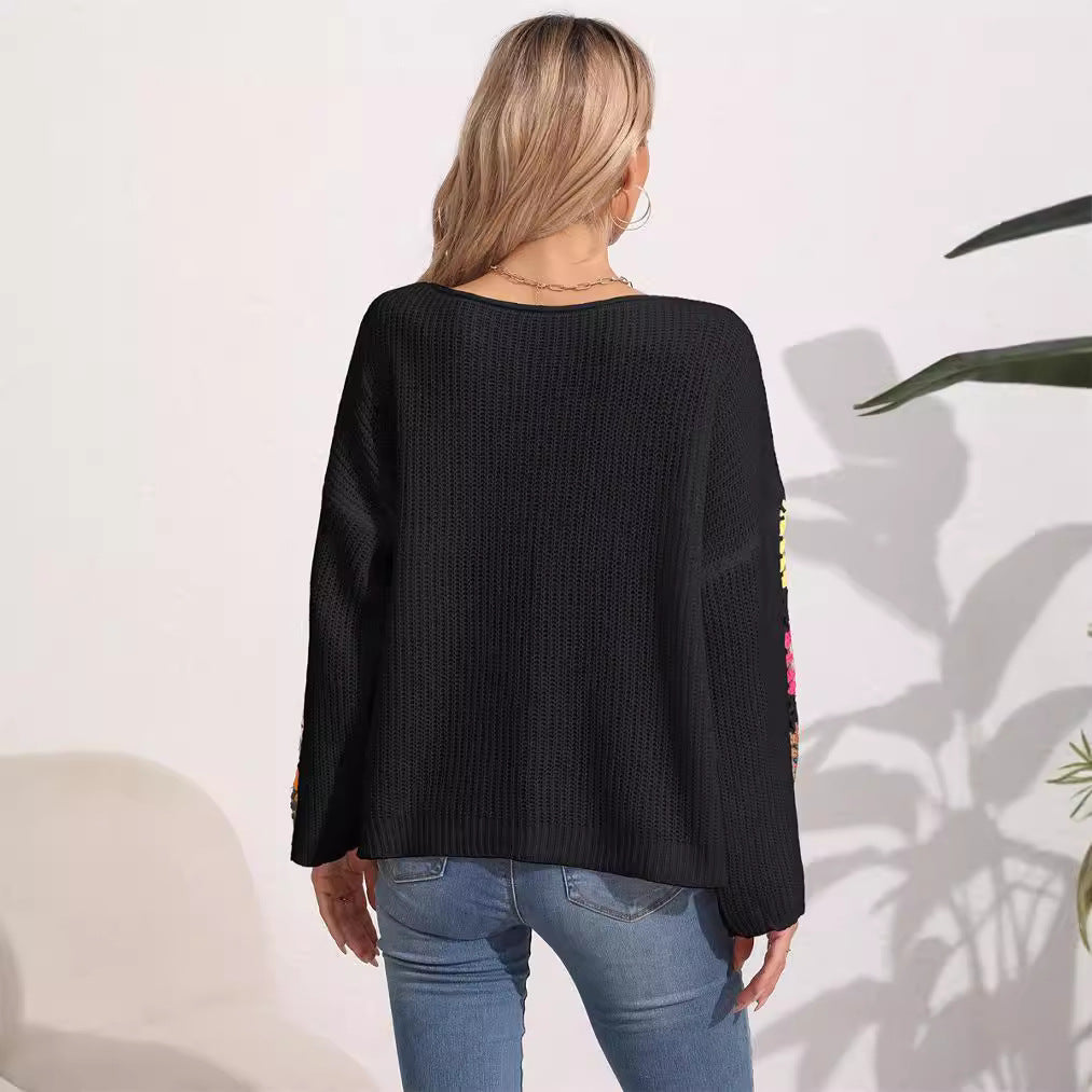 Damen eleganter Pullover mit bunten Häkelapplikationen an den Ärmeln Drune