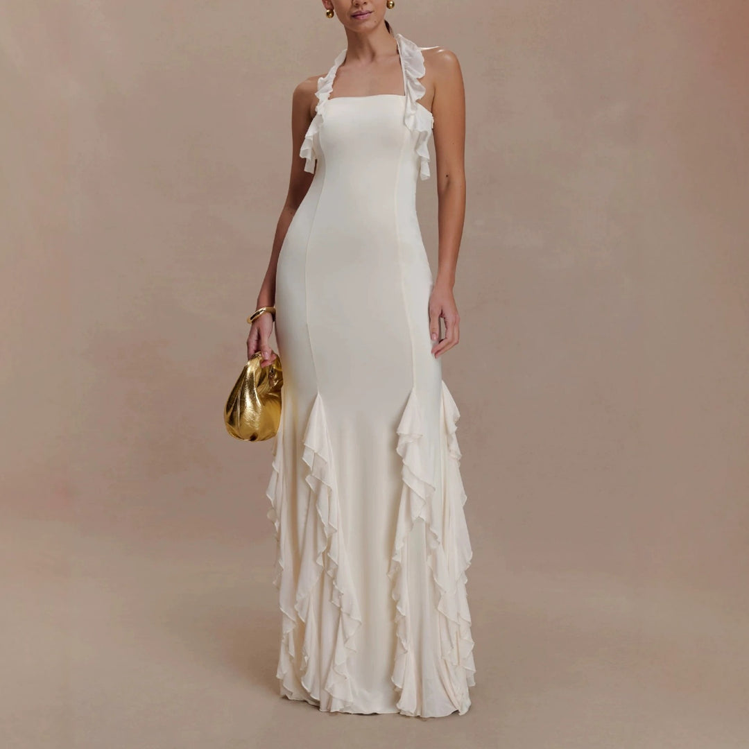 Damen Elegantes Langarm-Maxikleid mit Rüschendetails Drune