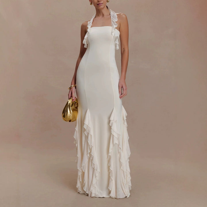 Damen Elegantes Langarm-Maxikleid mit Rüschendetails Drune