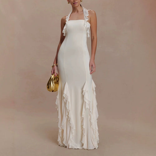 Damen Elegantes Langarm-Maxikleid mit Rüschendetails Drune