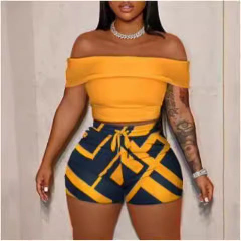 Damen Off-Shoulder Top und Hohe Taille Shorts Set Drune