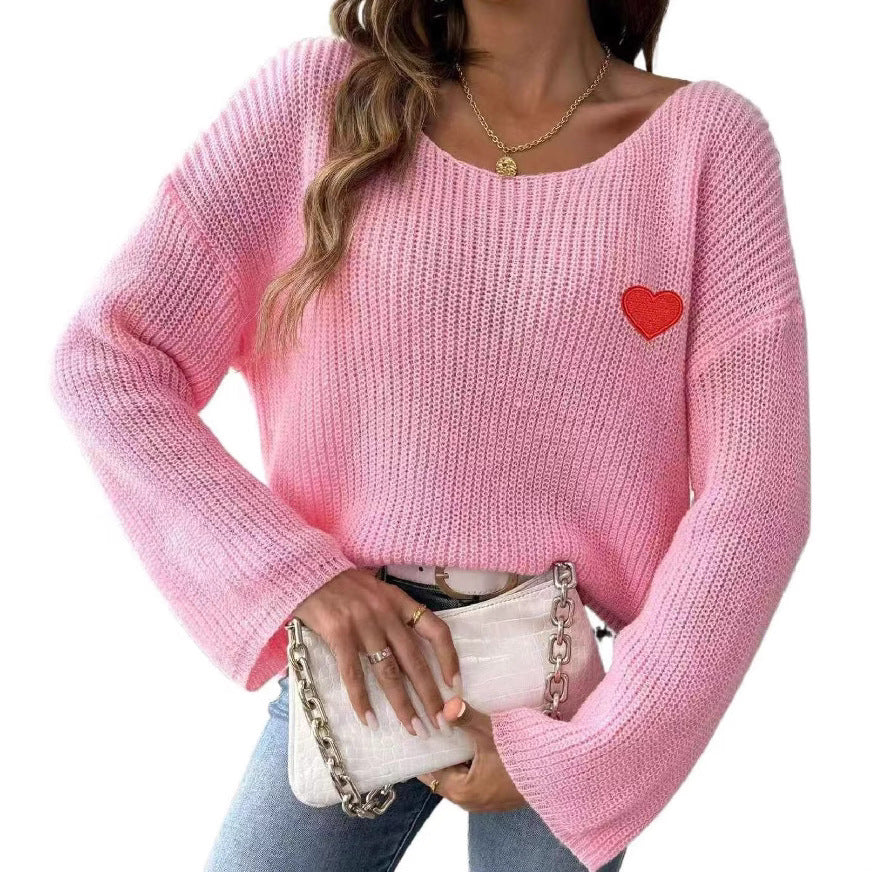 Damen Lockere Strickpullover mit Herzapplikation Drune
