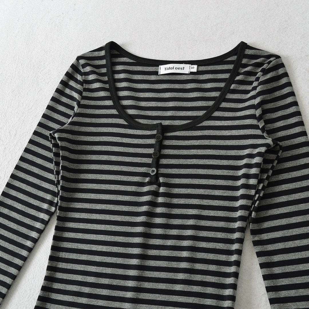 Damen Langarmshirt mit modischem Streifenmuster und Knopfdetails Drune