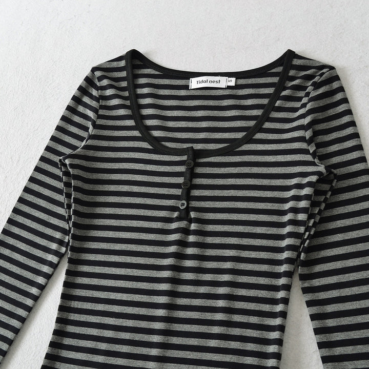 Damen Langarmshirt mit modischem Streifenmuster und Knopfdetails Drune