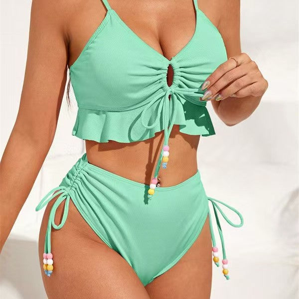 Damen Hochgeschnittenes Rüschen-Bikini-Set mit verstellbaren Bändern Drune