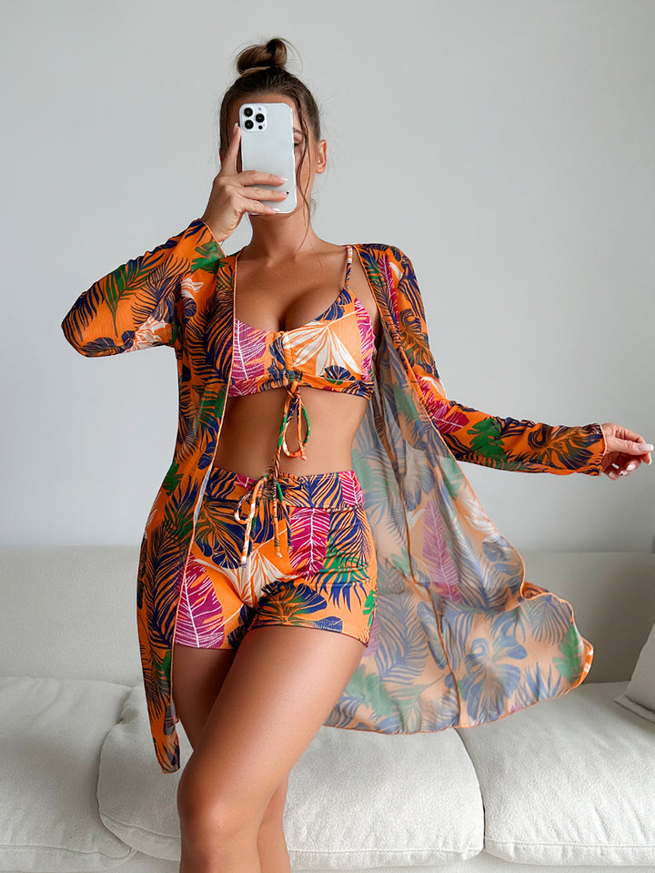 Damen Bikiniset mit luftiger Wickeljacke und floralem Muster Drune