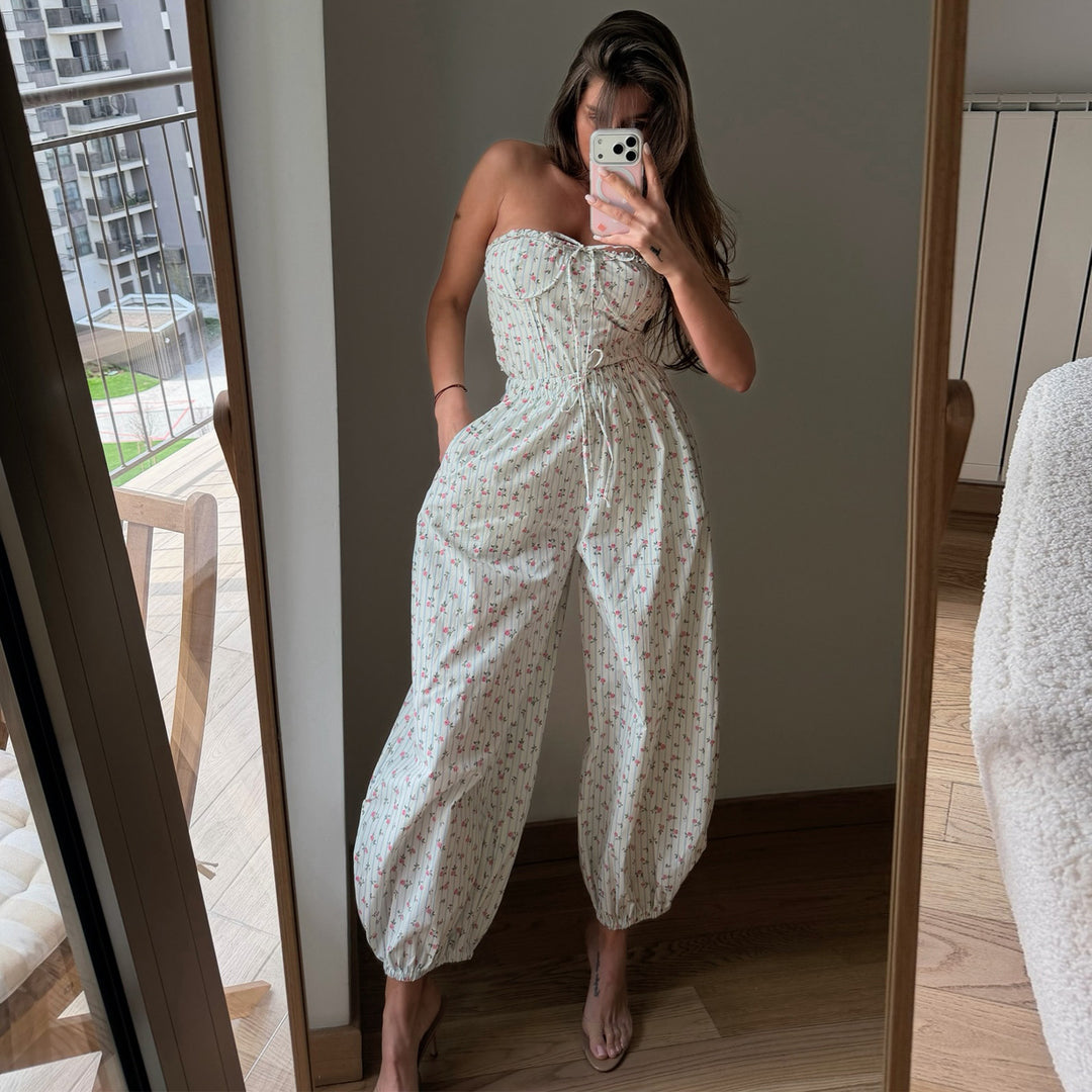Damen Jumpsuit mit verspieltem Blumenmuster und elastischem Taillenzug Drune